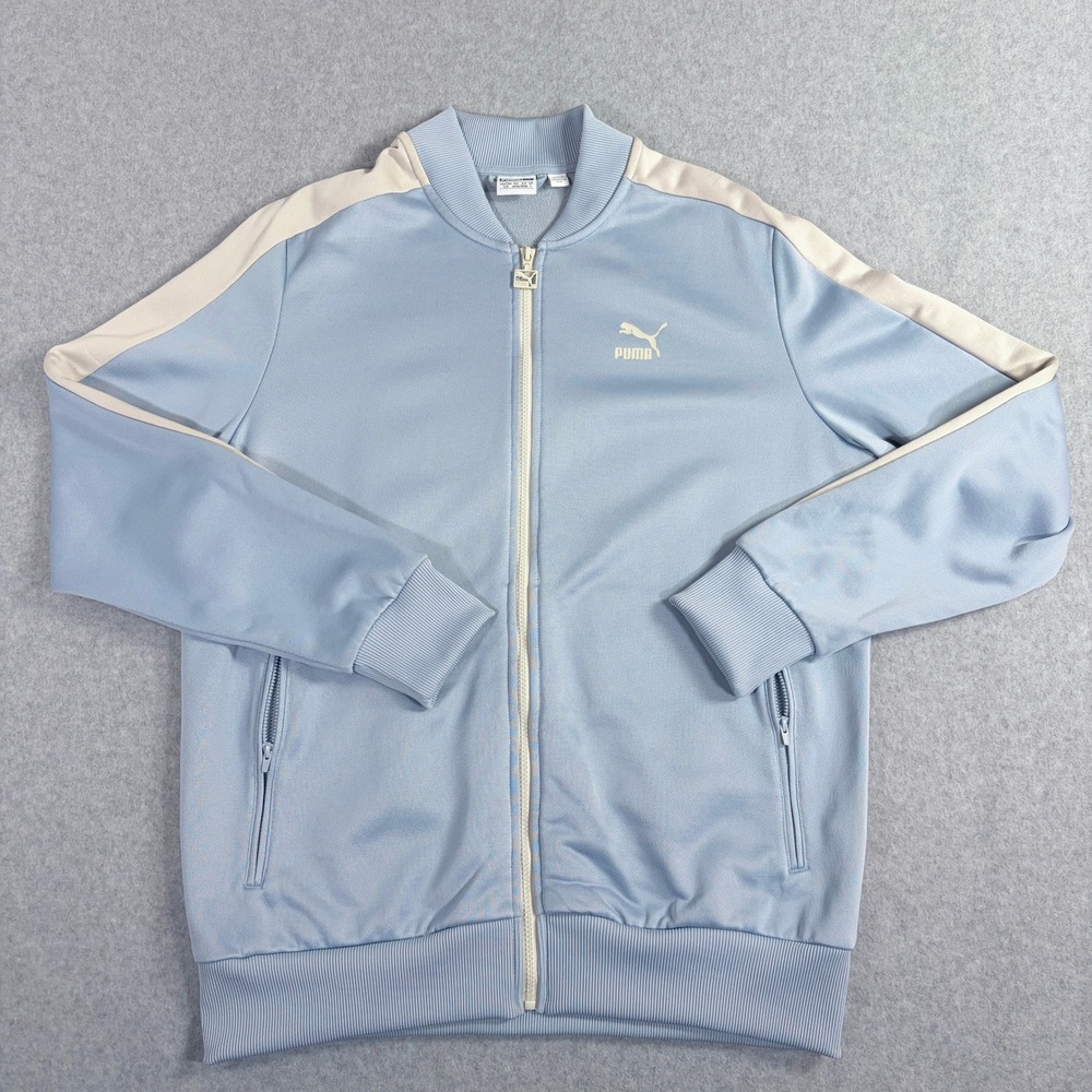 Puma Mens Track Jacket Light Blue Cream Stripe Full Zip Size Large